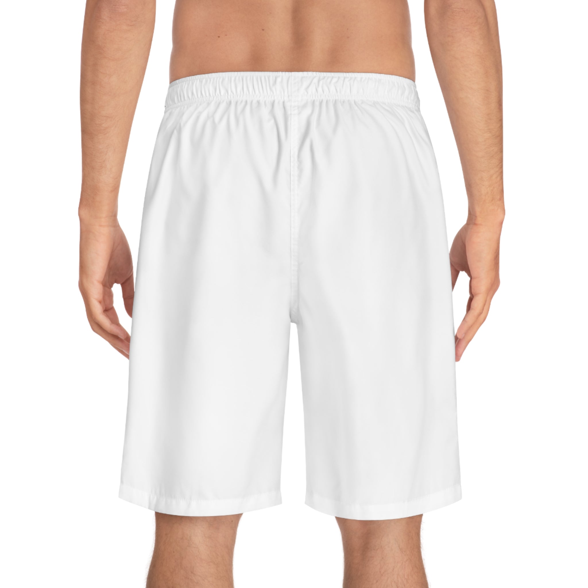 Hush Minimalist White Board Shorts — 'HUSH' Logo Swim Trunks
