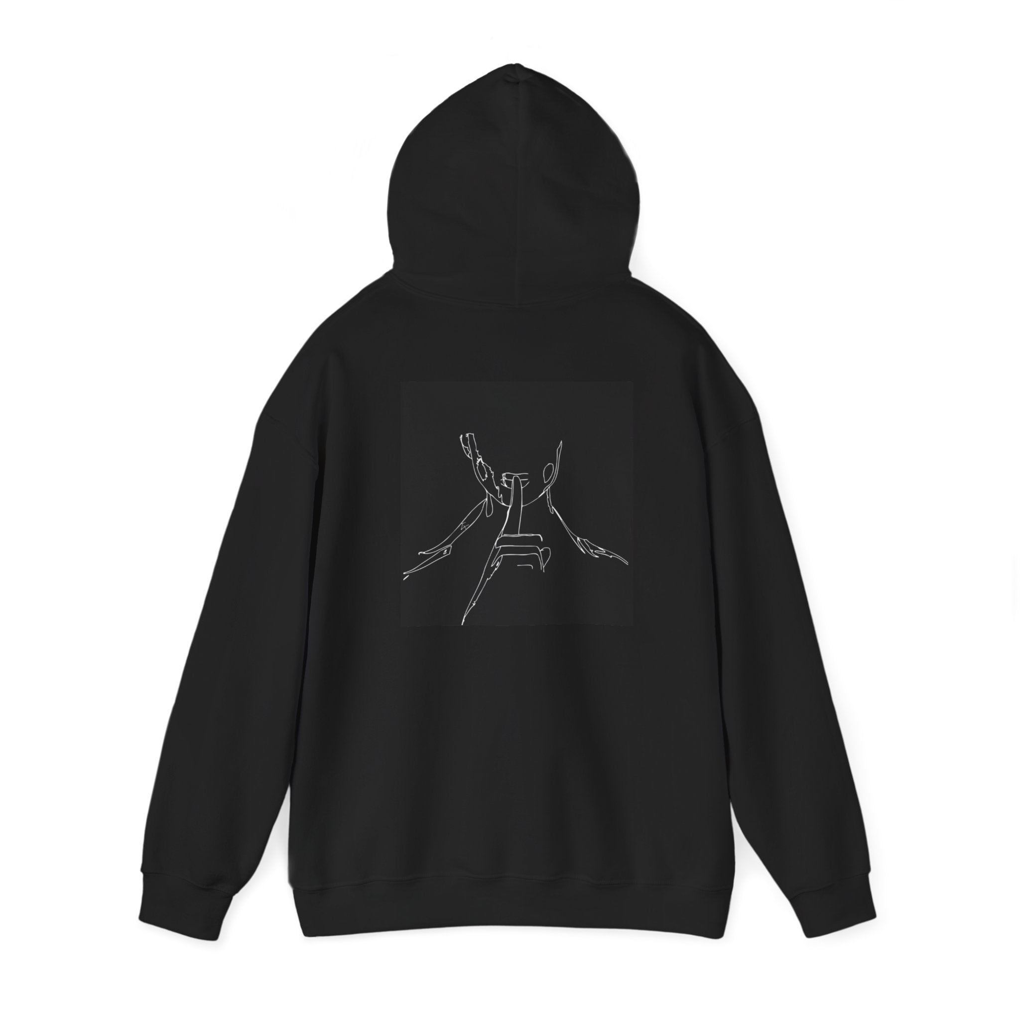Hoodie — "HUSH" Minimalist Black Pullover with Back Sketch Graphic