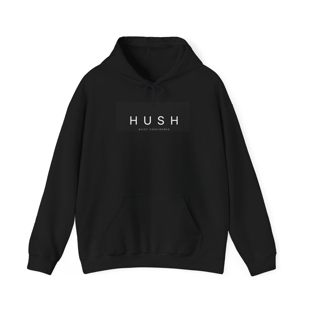 Hoodie — "HUSH" Minimalist Black Pullover with Back Sketch Graphic