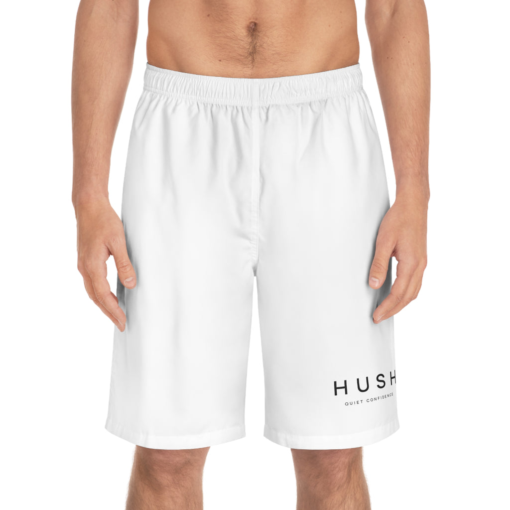 Hush Minimalist White Board Shorts — 'HUSH' Logo Swim Trunks