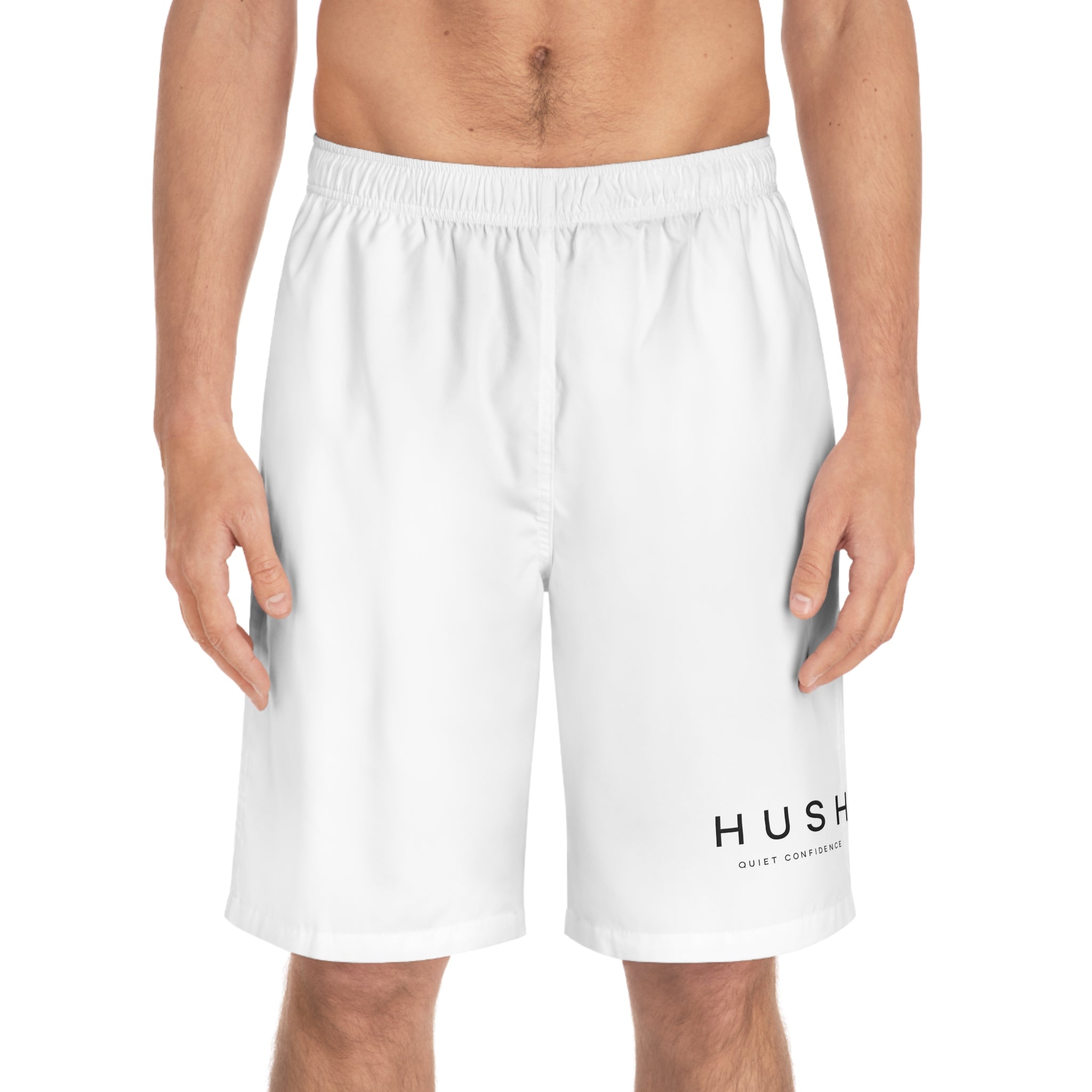 Hush Minimalist White Board Shorts — 'HUSH' Logo Swim Trunks