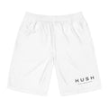 Hush Minimalist White Board Shorts — 'HUSH' Logo Swim Trunks