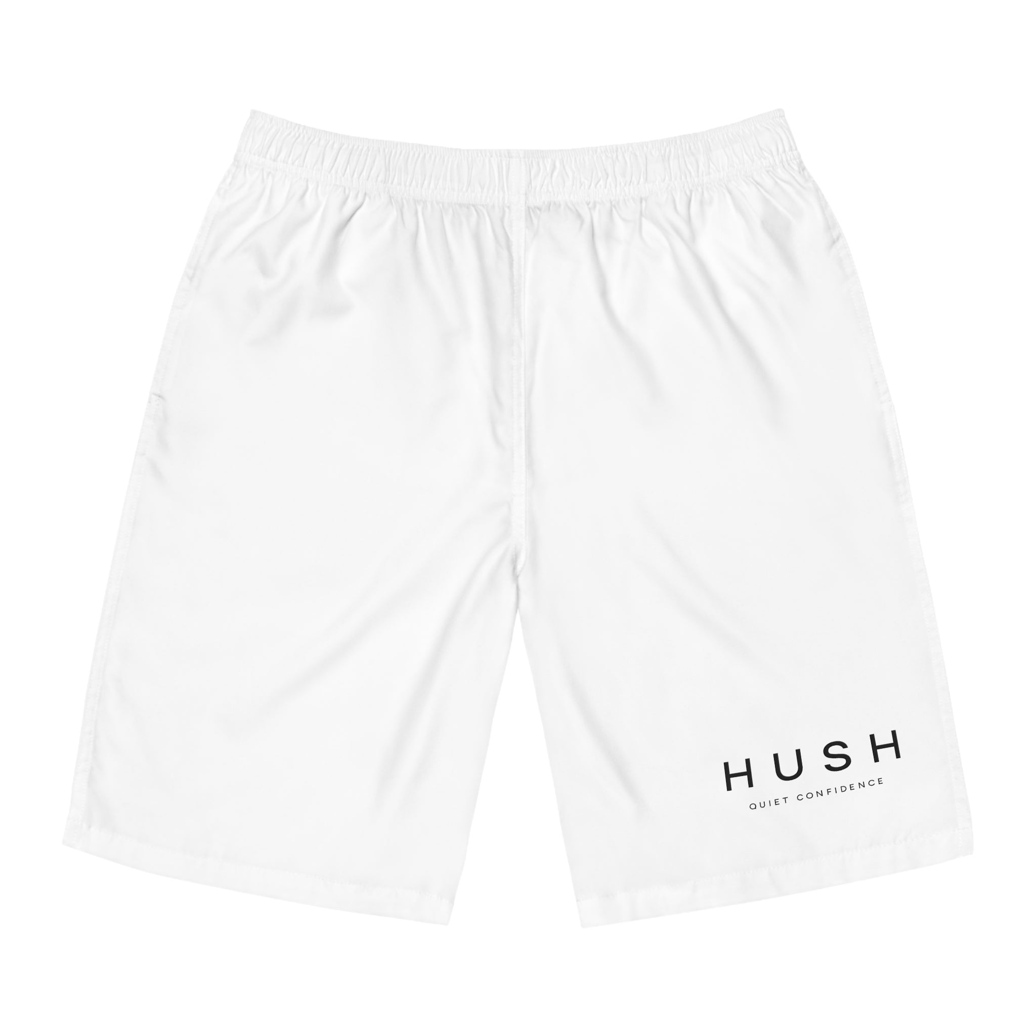 Hush Minimalist White Board Shorts — 'HUSH' Logo Swim Trunks