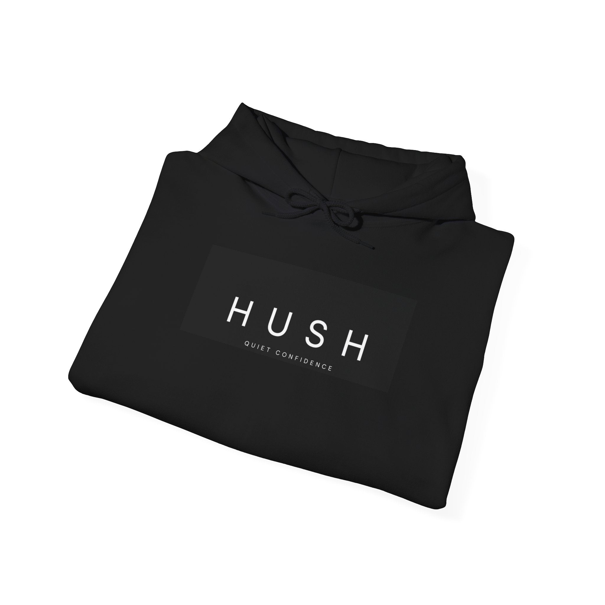 Hoodie — "HUSH" Minimalist Black Pullover with Back Sketch Graphic