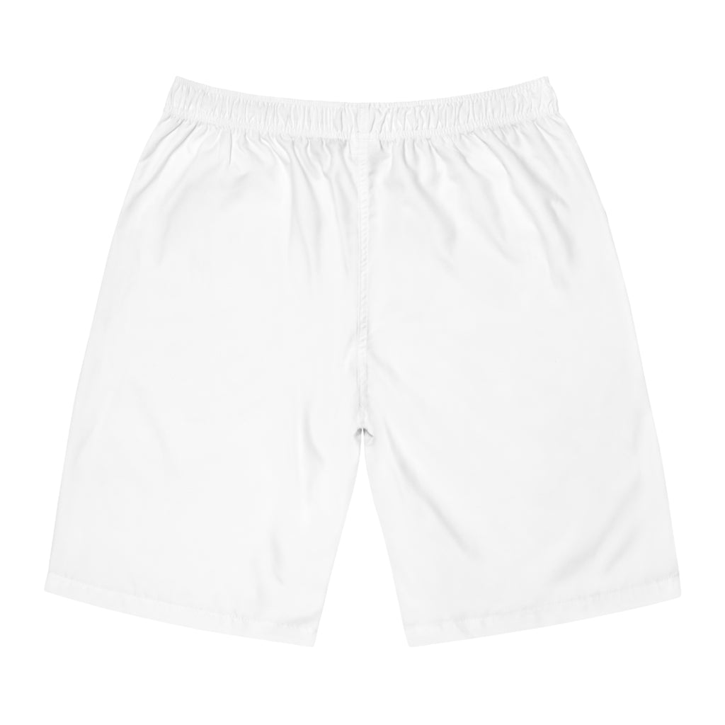Hush Minimalist White Board Shorts — 'HUSH' Logo Swim Trunks