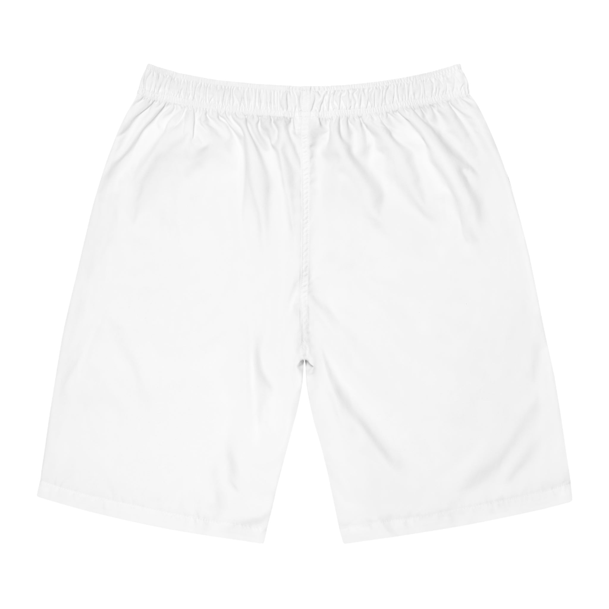 Hush Minimalist White Board Shorts — 'HUSH' Logo Swim Trunks