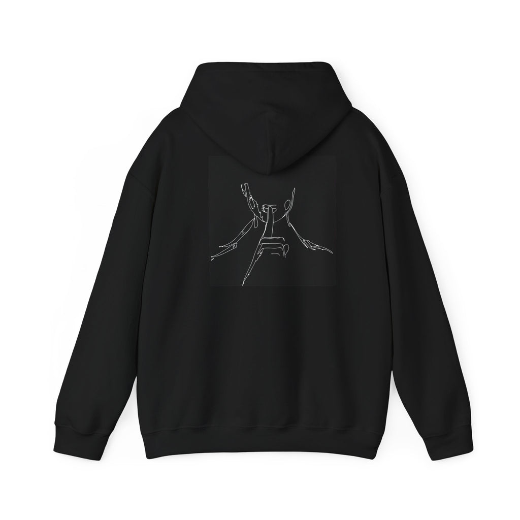 Hoodie — "HUSH" Minimalist Black Pullover with Back Sketch Graphic