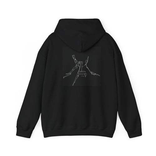 Hoodie — "HUSH" Minimalist Black Pullover with Back Sketch Graphic